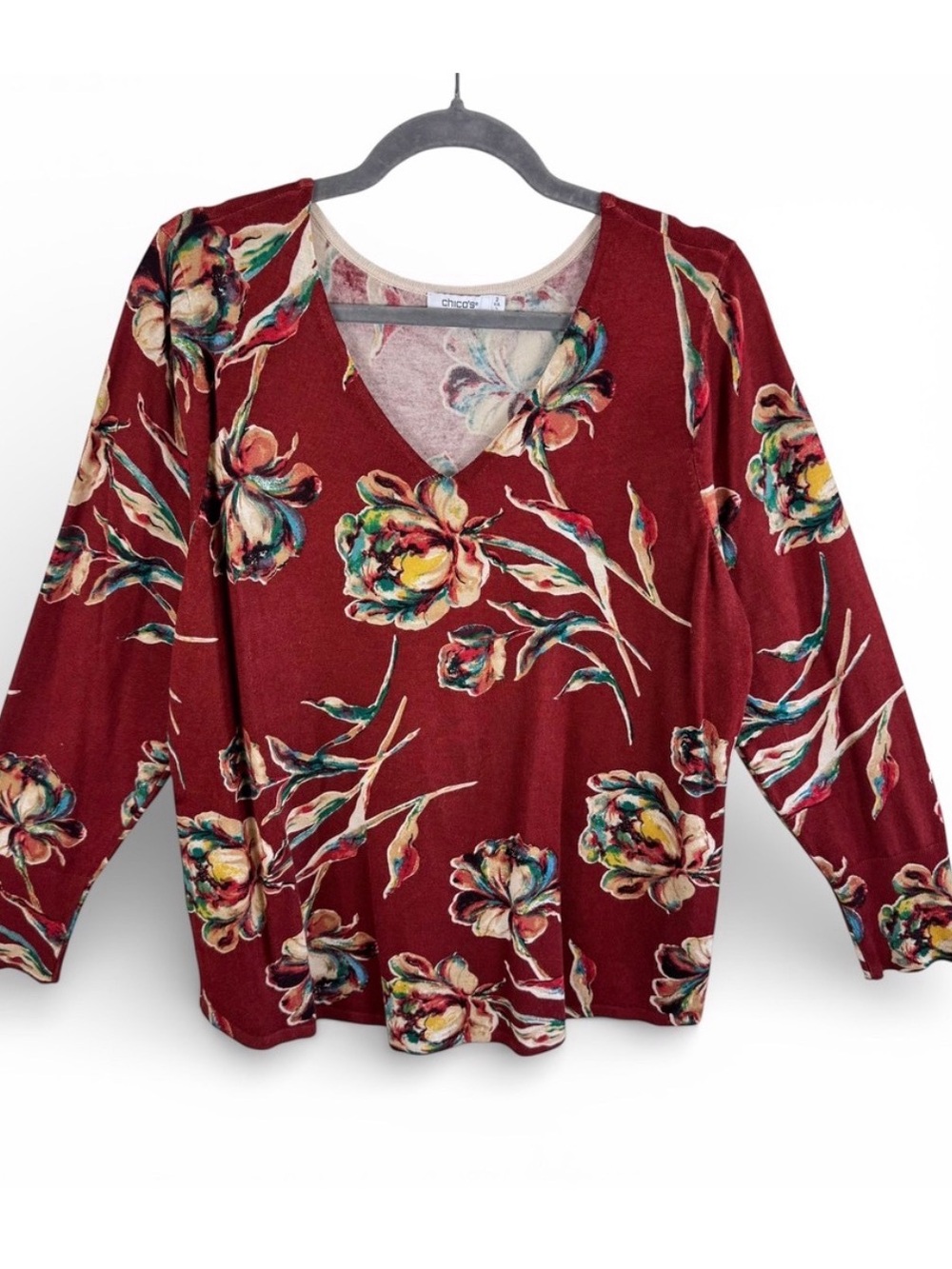 Chico's Floral V-Neck Sweater Rust Orange Rayon Blend Long Sleeve Size 2 Large